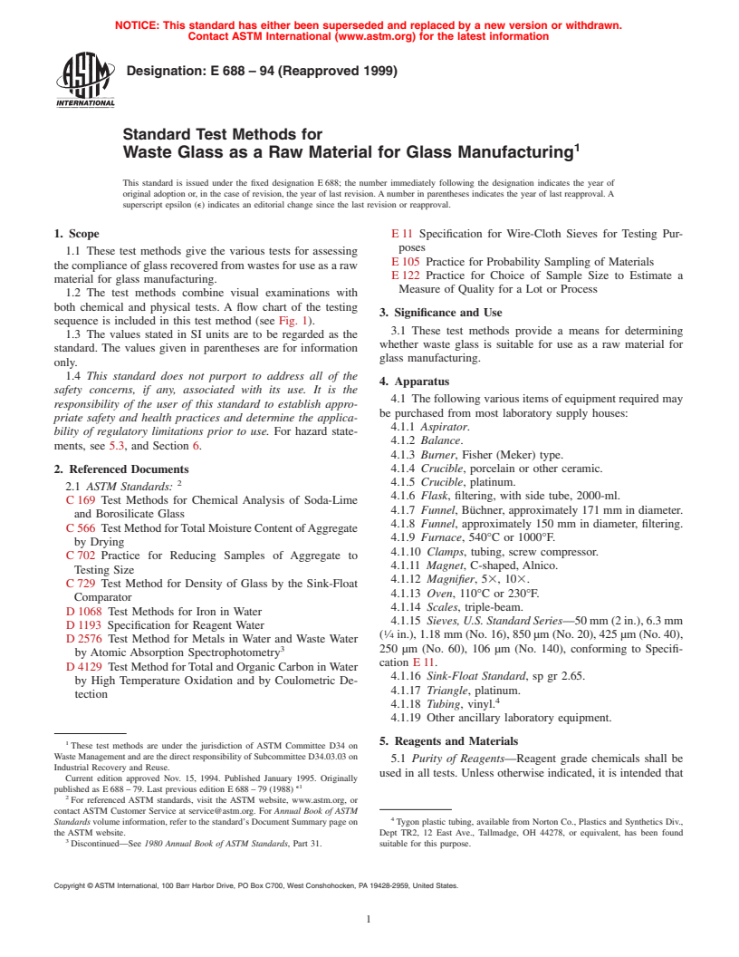 ASTM E688-94(1999) - Standard Test Methods for Waste Glass as a Raw Material for Glass Manufacturing