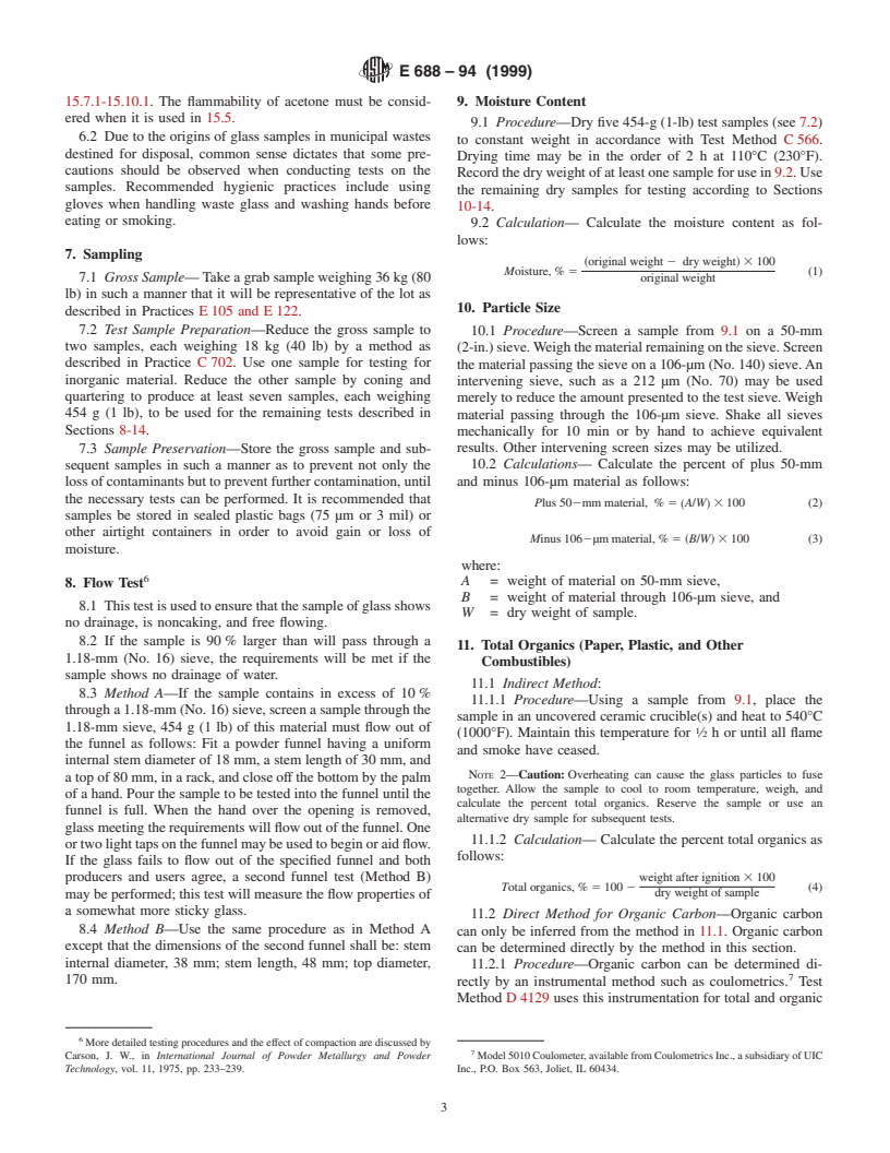 ASTM E688-94(1999) - Standard Test Methods for Waste Glass as a Raw Material for Glass Manufacturing