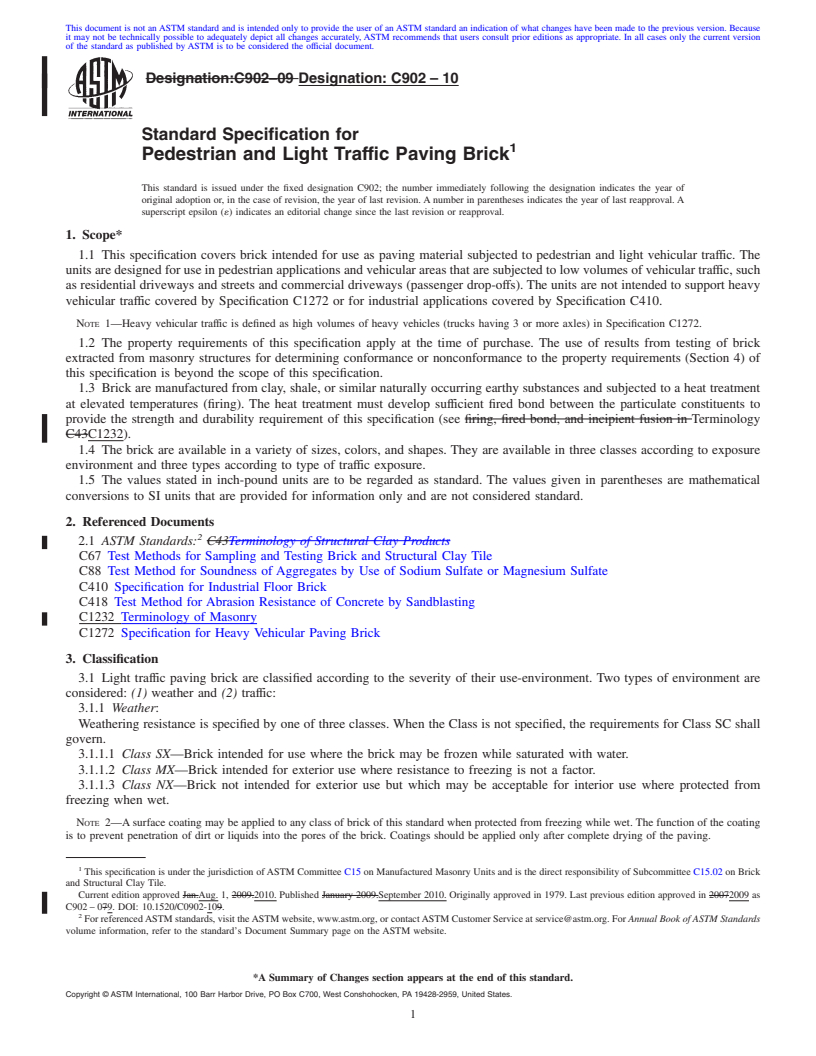 REDLINE ASTM C902-10 - Standard Specification for Pedestrian and Light Traffic Paving Brick