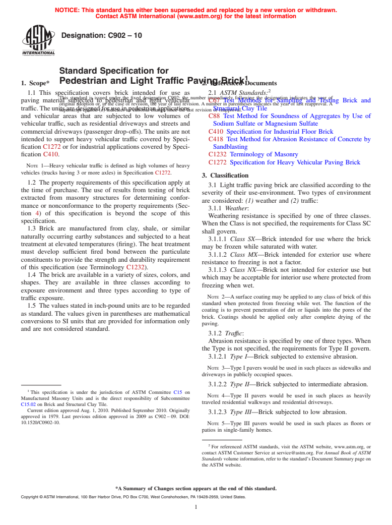 ASTM C902-10 - Standard Specification for Pedestrian and Light Traffic Paving Brick