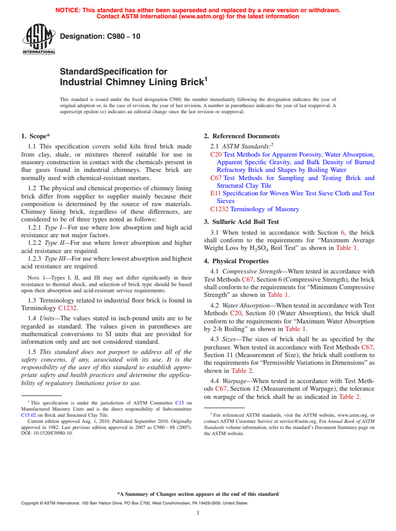 ASTM C980-10 - Standard Specification for Industrial Chimney Lining Brick