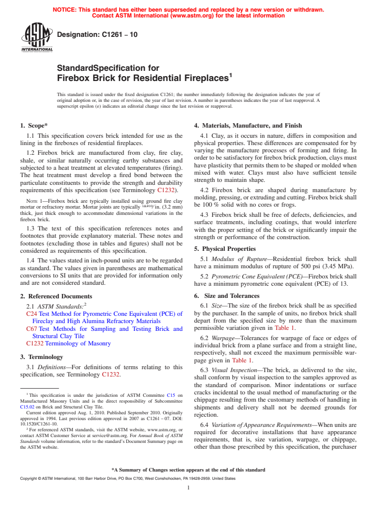 ASTM C1261-10 - Standard Specification for Firebox Brick for Residential Fireplaces