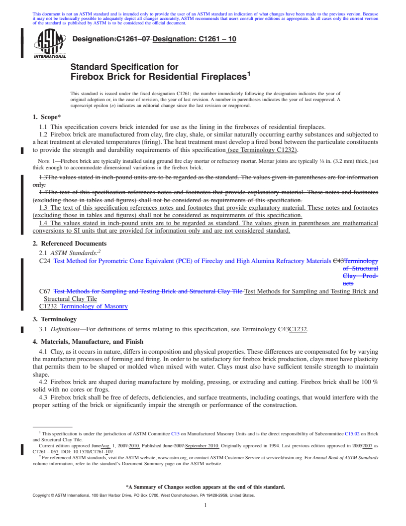 REDLINE ASTM C1261-10 - Standard Specification for Firebox Brick for Residential Fireplaces