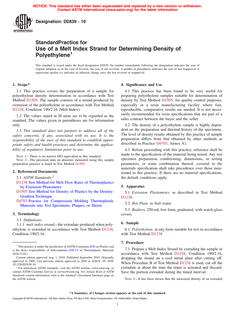 ASTM D2839-10 - Standard Practice for Use of a Melt Index Strand for Determining Density of Polyethylene