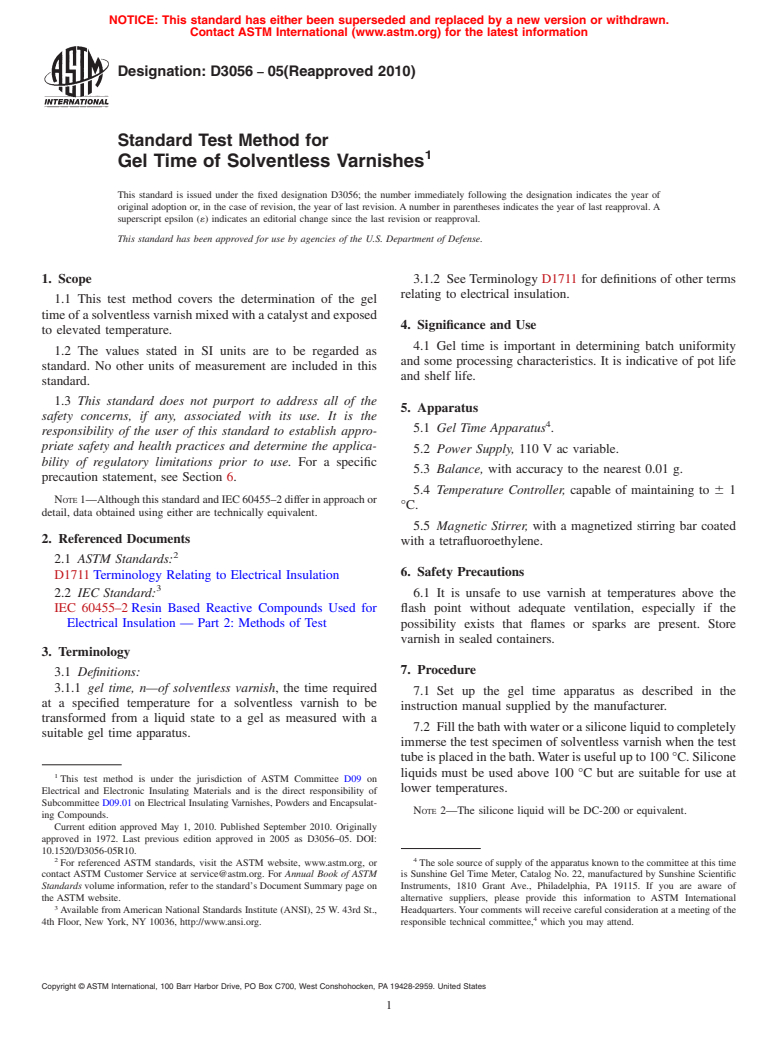 ASTM D3056-05(2010) - Standard Test Method for Gel Time of Solventless Varnishes