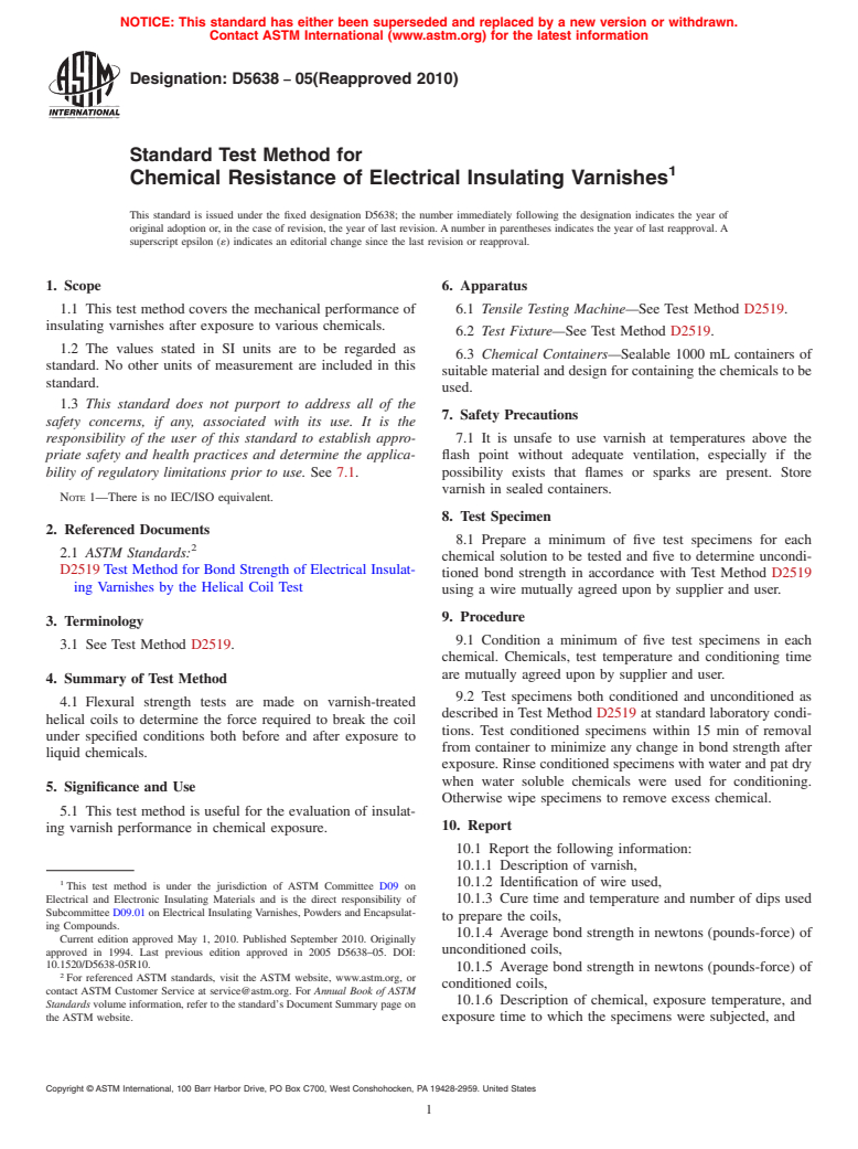 ASTM D5638-05(2010) - Standard Test Method for Chemical Resistance of Electrical Insulating Varnishes