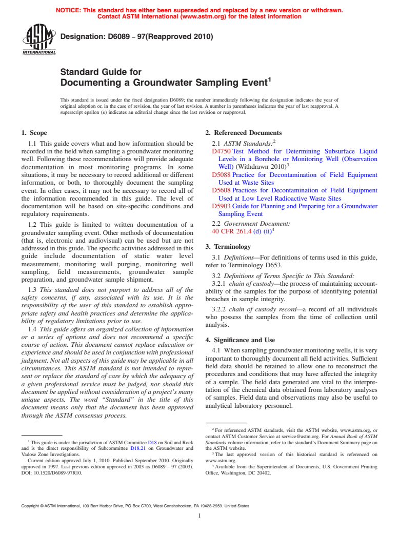 ASTM D6089-97(2010) - Standard Guide for Documenting a Groundwater Sampling Event