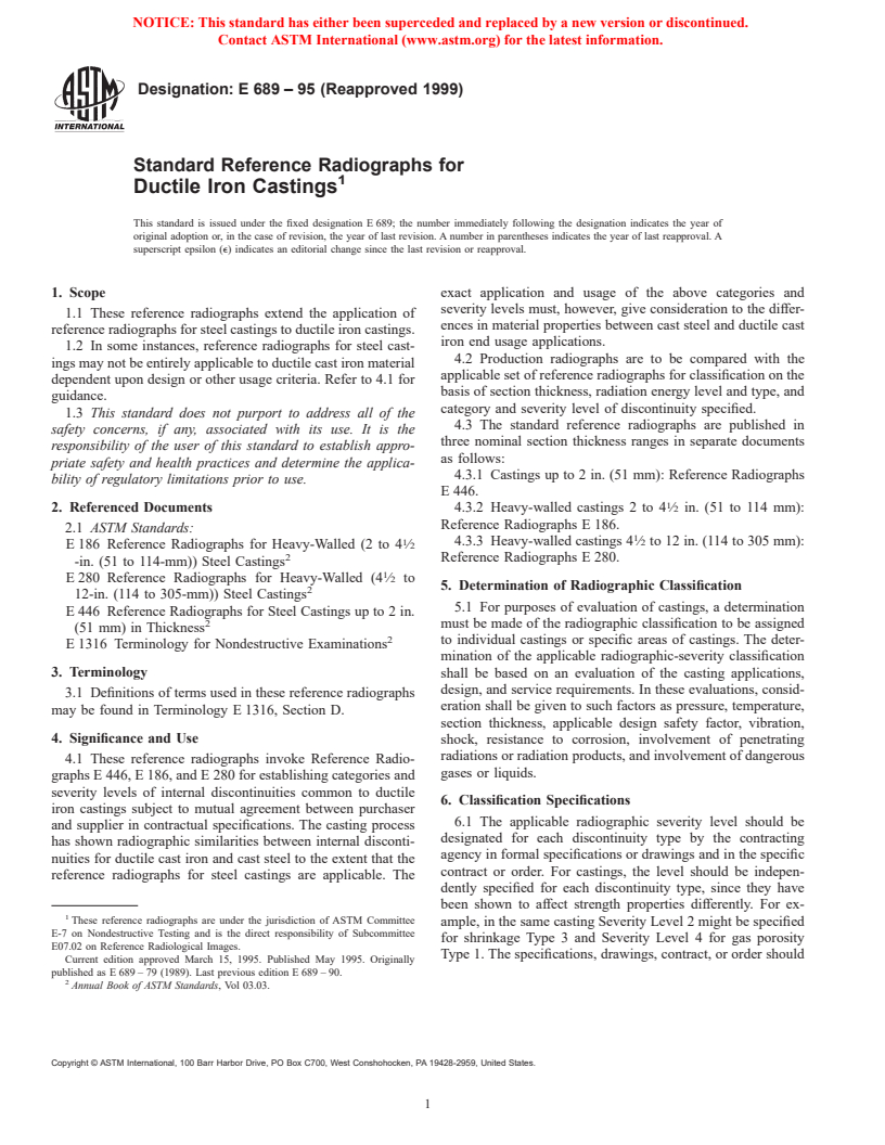 ASTM E689-95(1999) - Standard Reference Radiographs for Ductile Iron Castings