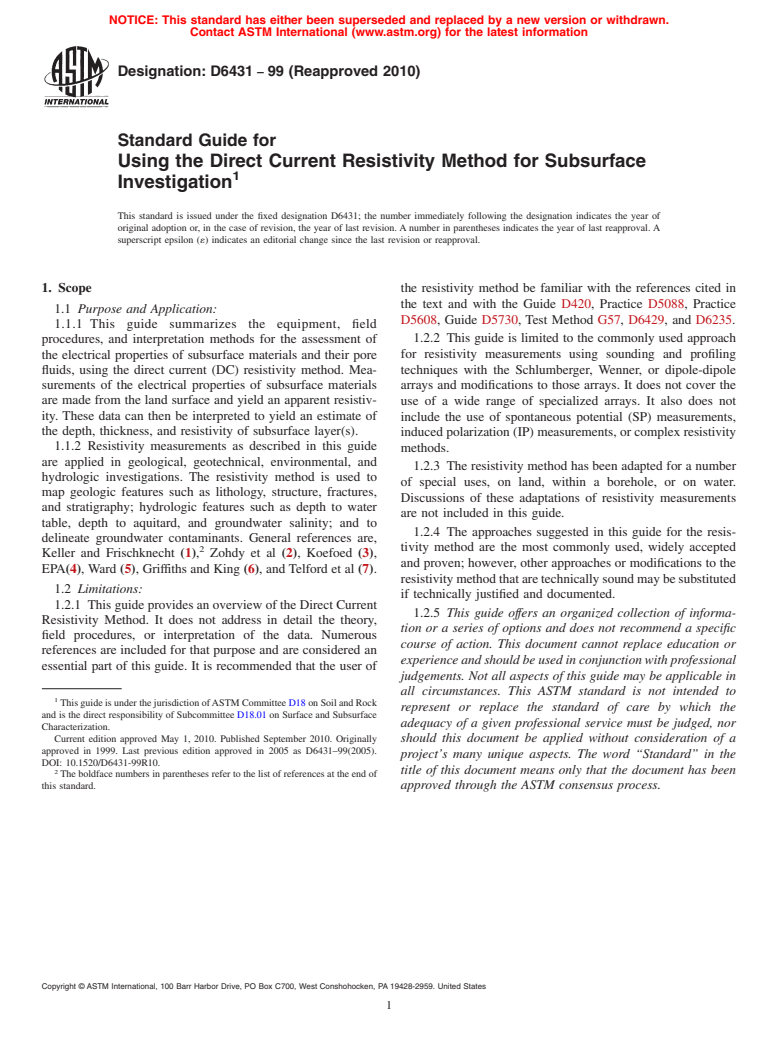 ASTM D6431-99(2010) - Standard Guide for Using the Direct Current Resistivity Method for Subsurface Investigation