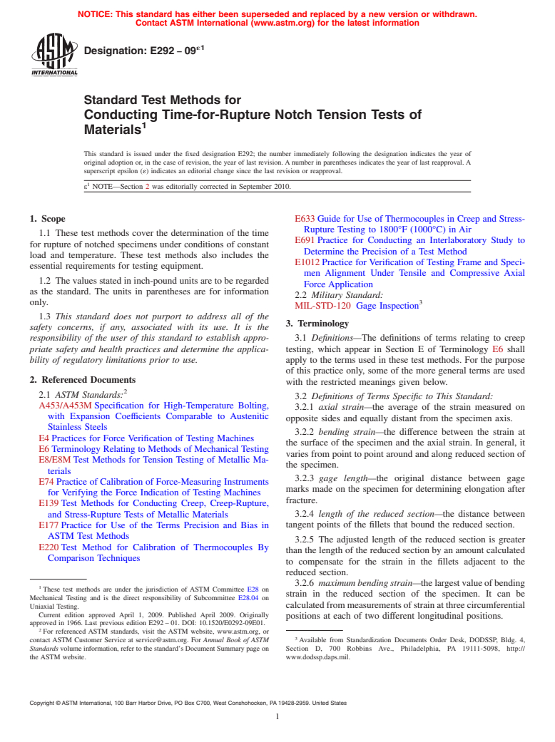 ASTM E292-09e1 - Standard Test Methods for Conducting Time-for-Rupture Notch Tension Tests of Materials (Withdrawn 2018)