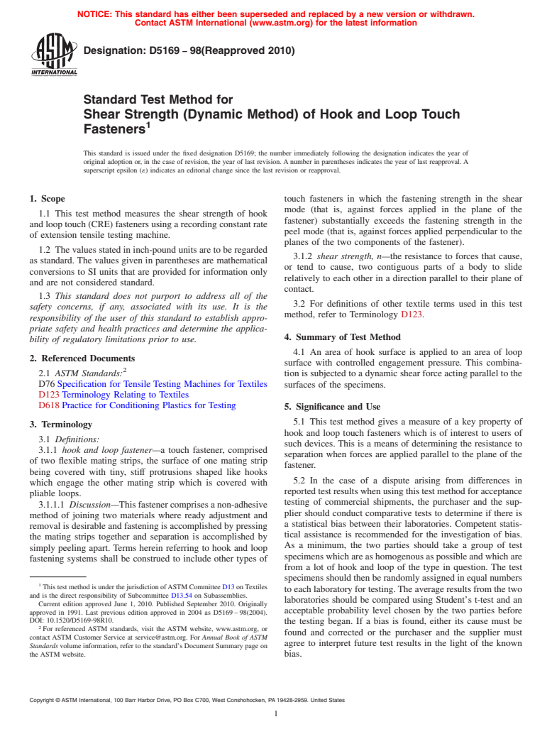 ASTM D5169-98(2010) - Standard Test Method for Shear Strength (Dynamic Method) of Hook and Loop Touch Fasteners