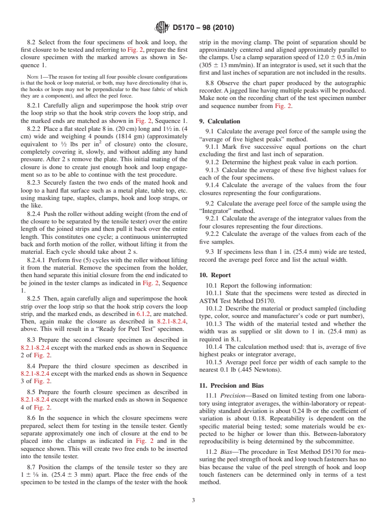 ASTM D5170-98(2010) - Standard Test Method for Peel Strength ("T" Method) of Hook and Loop Touch Fasteners