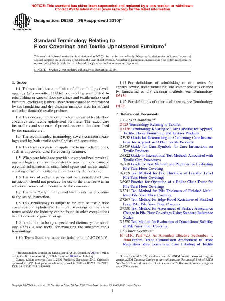 ASTM D5253-04(2010)e1 - Standard Terminology Relating to Floor Coverings and Textile Upholstered Furniture