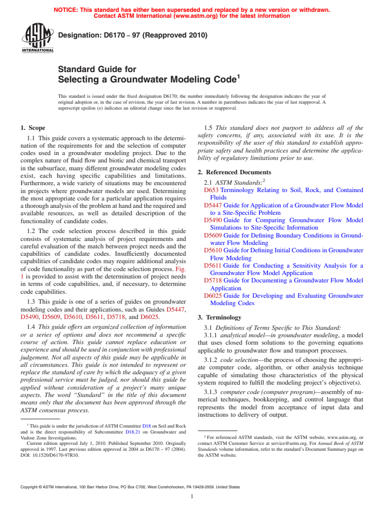 ASTM D6170-97(2010) - Standard Guide for Selecting a Groundwater Modeling Code