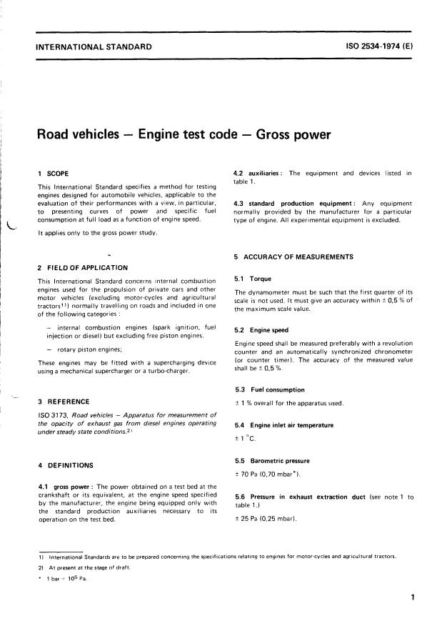 ISO 2534:1974 - Road vehicles -- Engine test code -- Gross power