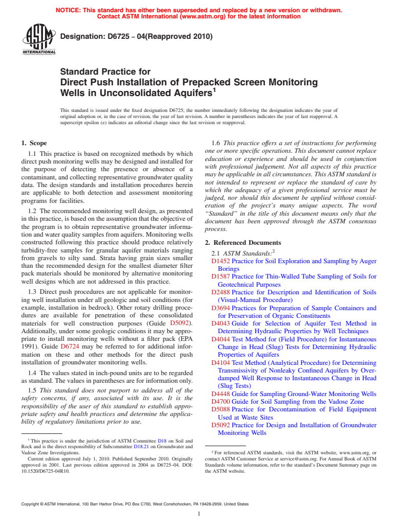 ASTM D6725-04(2010) - Standard Practice for Direct Push Installation of Prepacked Screen Monitoring Wells in Unconsolidated Aquifers