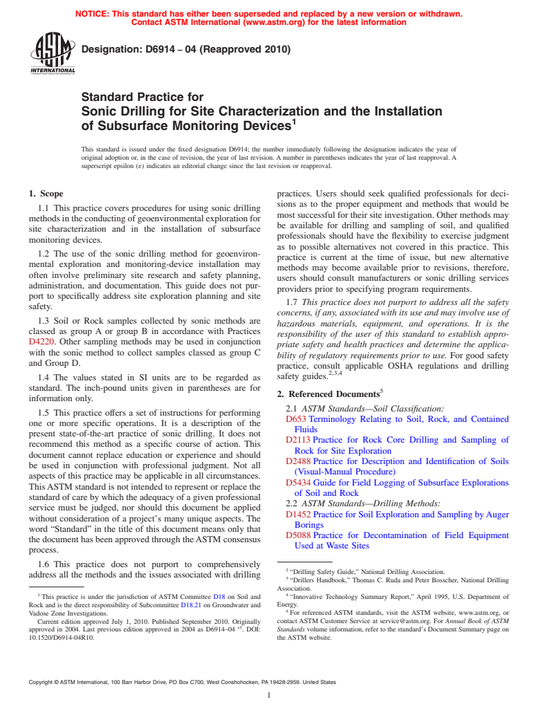 ASTM D6914-04(2010) - Standard Practice for Sonic Drilling for Site Characterization and the Installation of Subsurface Monitoring Devices