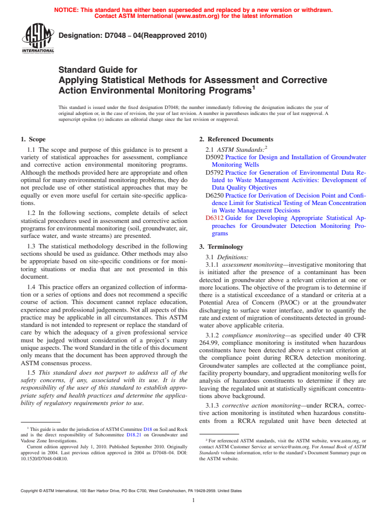 ASTM D7048-04(2010) - Standard Guide for Applying Statistical Methods for Assessment and Corrective Action Environmental Monitoring Programs