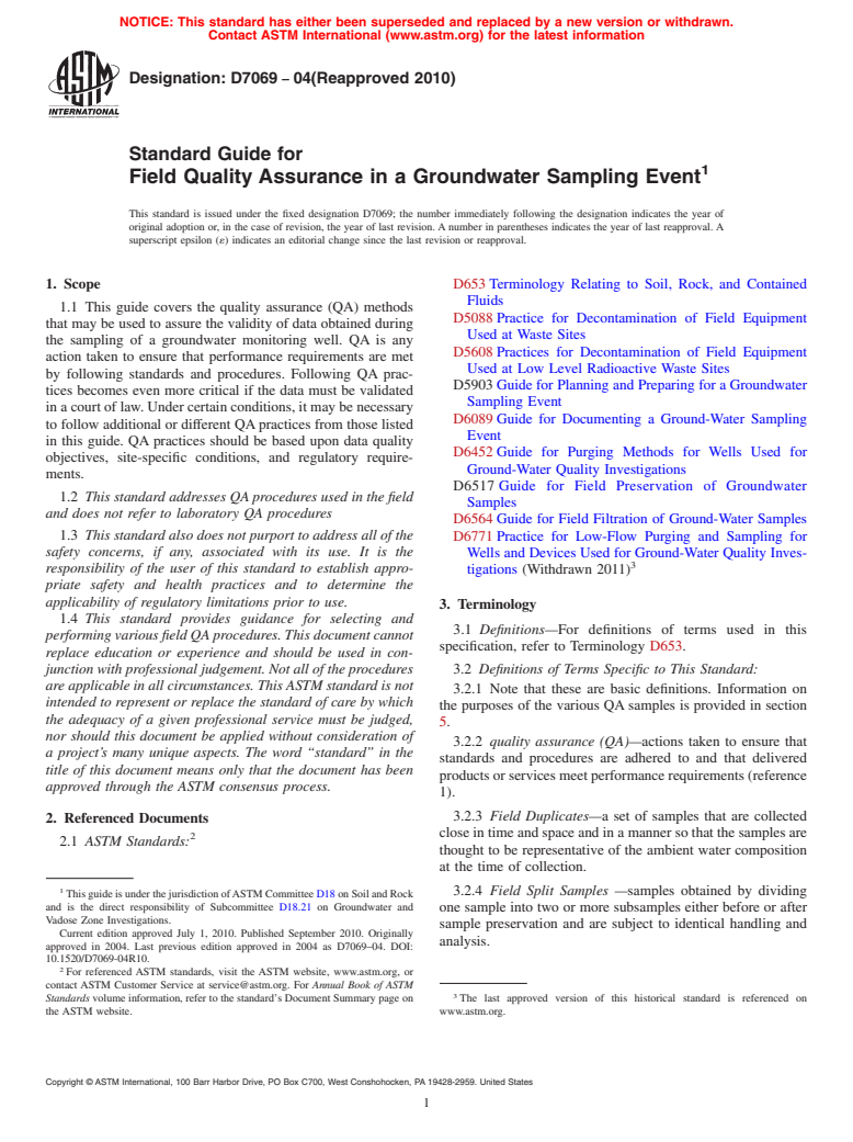 ASTM D7069-04(2010) - Standard Guide for Field Quality Assurance in a Groundwater Sampling Event