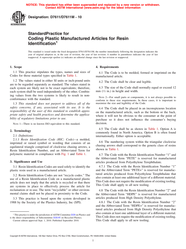 ASTM D7611/D7611M-10 - Standard Practice for Coding Plastic Manufactured Articles for Resin Identification