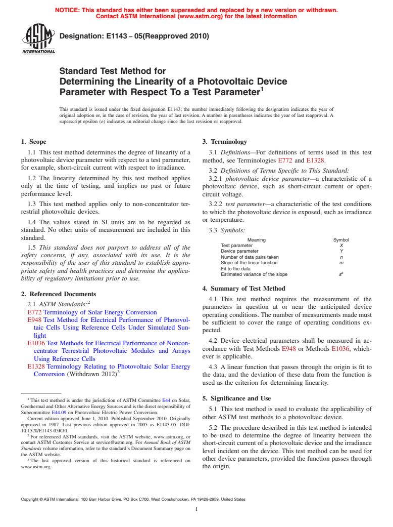 ASTM E1143-05(2010) - Standard Test Method for Determining the Linearity of a Photovoltaic Device Parameter with Respect To a Test Parameter