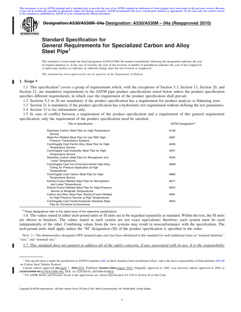 REDLINE ASTM A530/A530M-04a(2010) - Standard Specification for General Requirements for Specialized Carbon and Alloy Steel Pipe