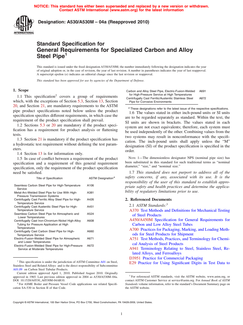 ASTM A530/A530M-04a(2010) - Standard Specification for General Requirements for Specialized Carbon and Alloy Steel Pipe