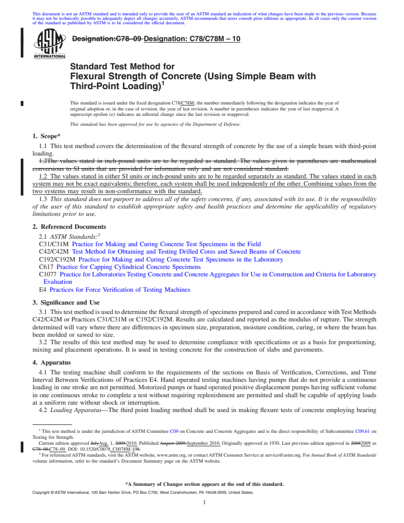 REDLINE ASTM C78/C78M-10 - Standard Test Method for Flexural Strength of Concrete (Using Simple Beam with Third-Point Loading)