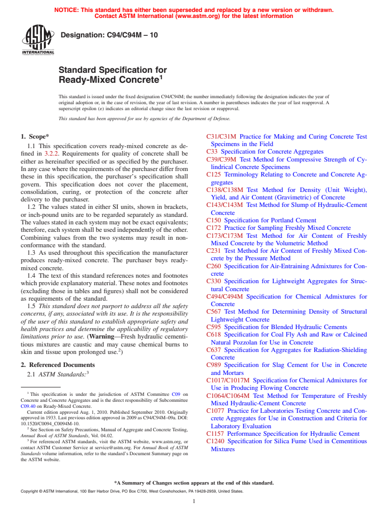 ASTM C94/C94M-10 - Standard Specification for Ready-Mixed Concrete