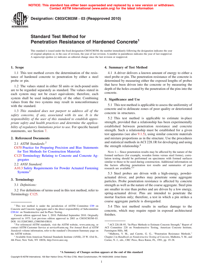 ASTM C803/C803M-03(2010) - Standard Test Method for Penetration Resistance of Hardened Concrete