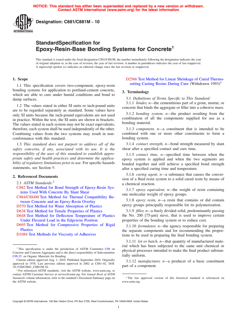 ASTM C881/C881M-10 - Standard Specification for Epoxy-Resin-Base Bonding Systems for Concrete