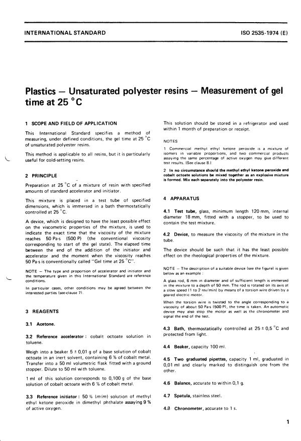 ISO 2535:1974 - Plastics -- Unsaturated polyester resins -- Measurement of gel time at 25 degrees C