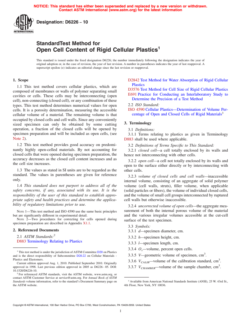 ASTM D6226-10 - Standard Test Method for Open Cell Content of Rigid Cellular Plastics