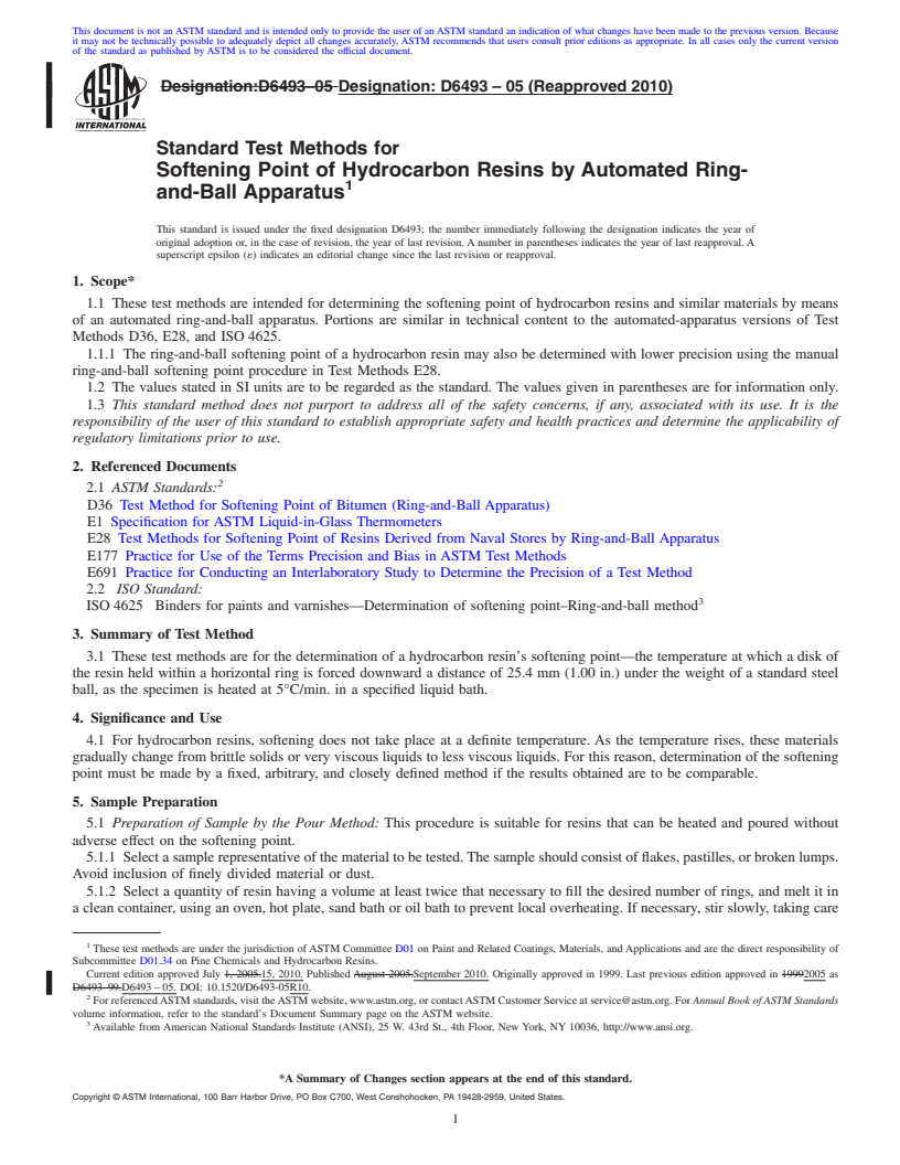 REDLINE ASTM D6493-05(2010) - Standard Test Methods for Softening Point of Hydrocarbon Resins by Automated Ring and Ball Apparatus