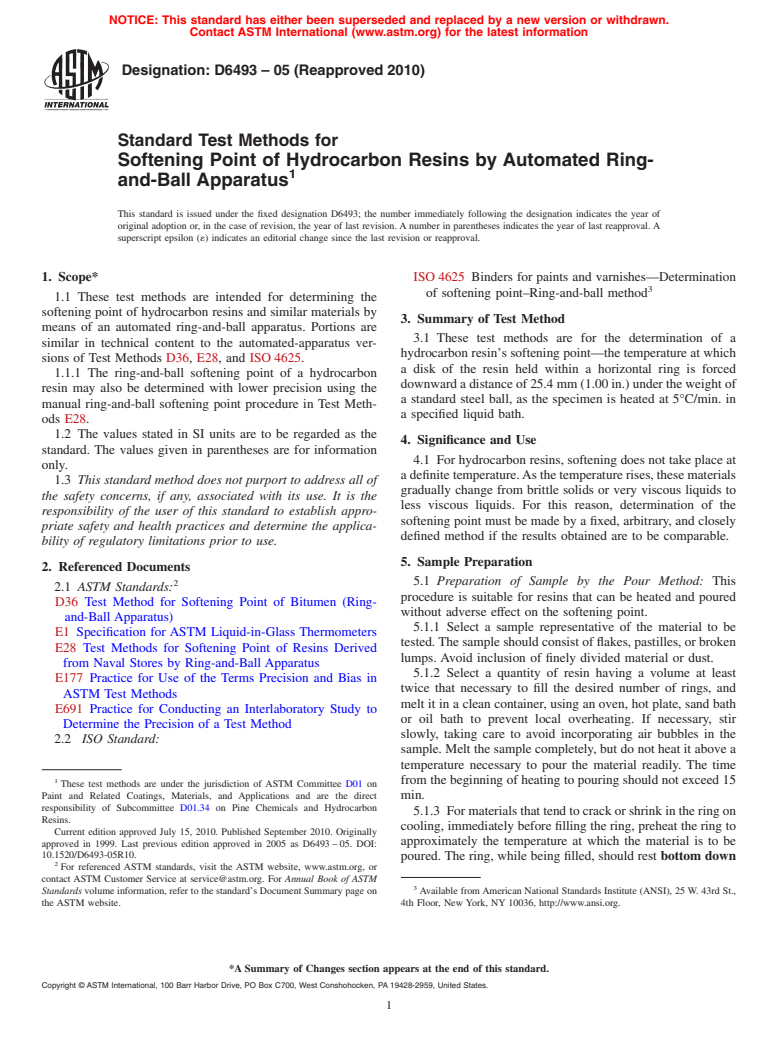 ASTM D6493-05(2010) - Standard Test Methods for Softening Point of Hydrocarbon Resins by Automated Ring and Ball Apparatus