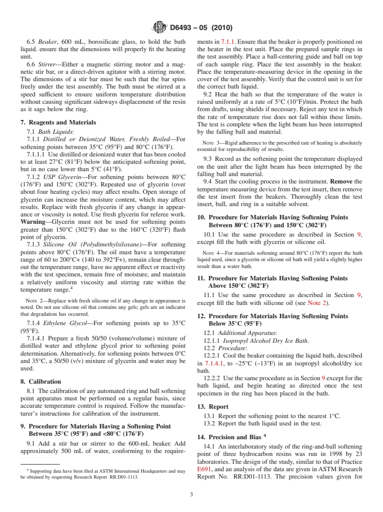 ASTM D6493-05(2010) - Standard Test Methods for Softening Point of Hydrocarbon Resins by Automated Ring and Ball Apparatus