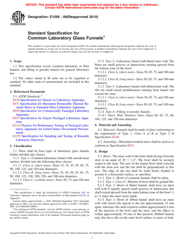 ASTM E1095-99(2010) - Standard Specification for Common Laboratory Glass Funnels