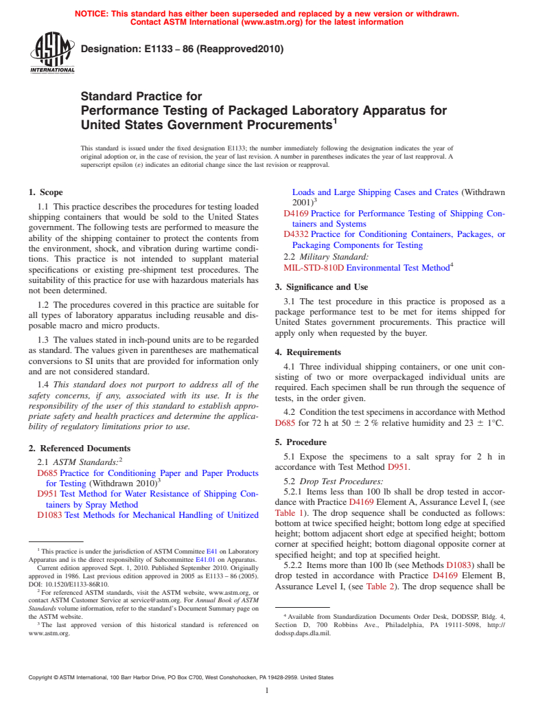 ASTM E1133-86(2010) - Standard Practice for Performance Testing of Packaged Laboratory Apparatus for United States Government Procurements