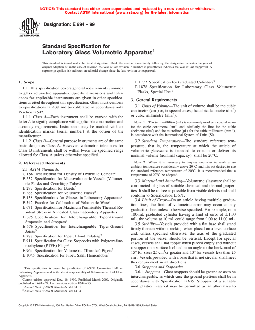 ASTM E694-99 - Standard Specification for Laboratory Glass Volumetric Apparatus