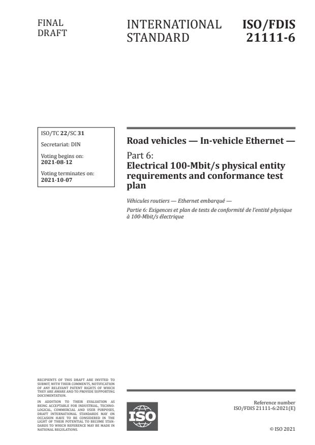 ISO/FDIS 21111-6:Version 07-avg-2021 - Road vehicles -- In-vehicle Ethernet