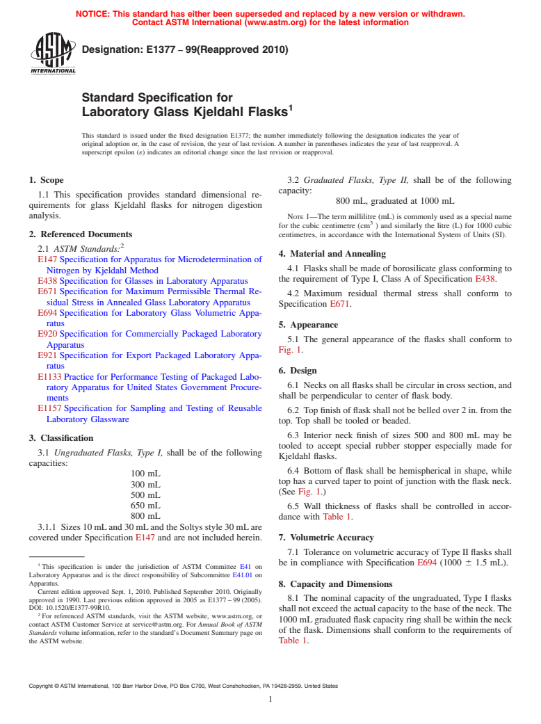 ASTM E1377-99(2010) - Standard Specification for Laboratory Glass Kjeldahl Flasks