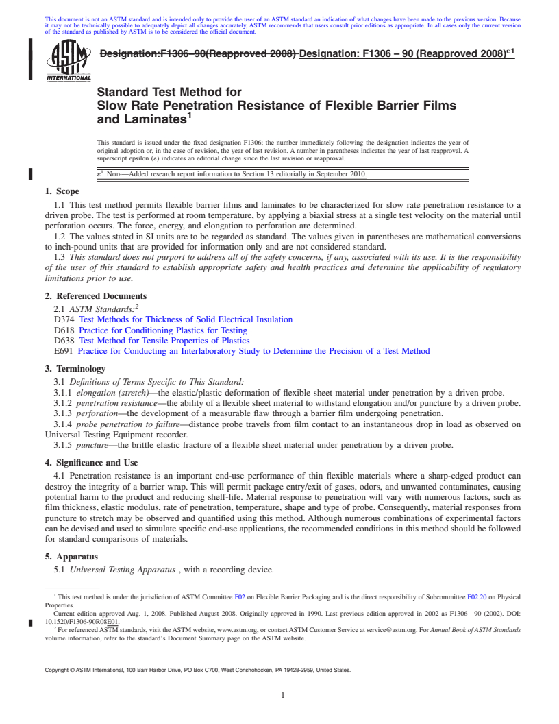 REDLINE ASTM F1306-90(2008)e1 - Standard Test Method for Slow Rate Penetration Resistance of Flexible Barrier Films and Laminates