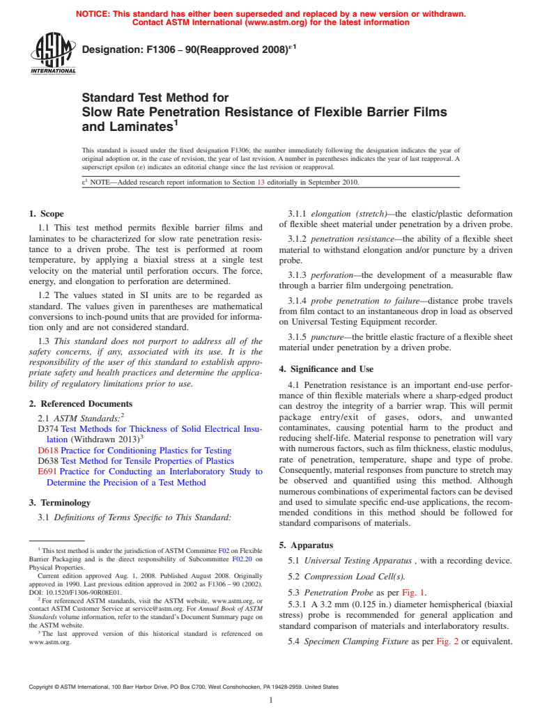 ASTM F1306-90(2008)e1 - Standard Test Method for Slow Rate Penetration Resistance of Flexible Barrier Films and Laminates