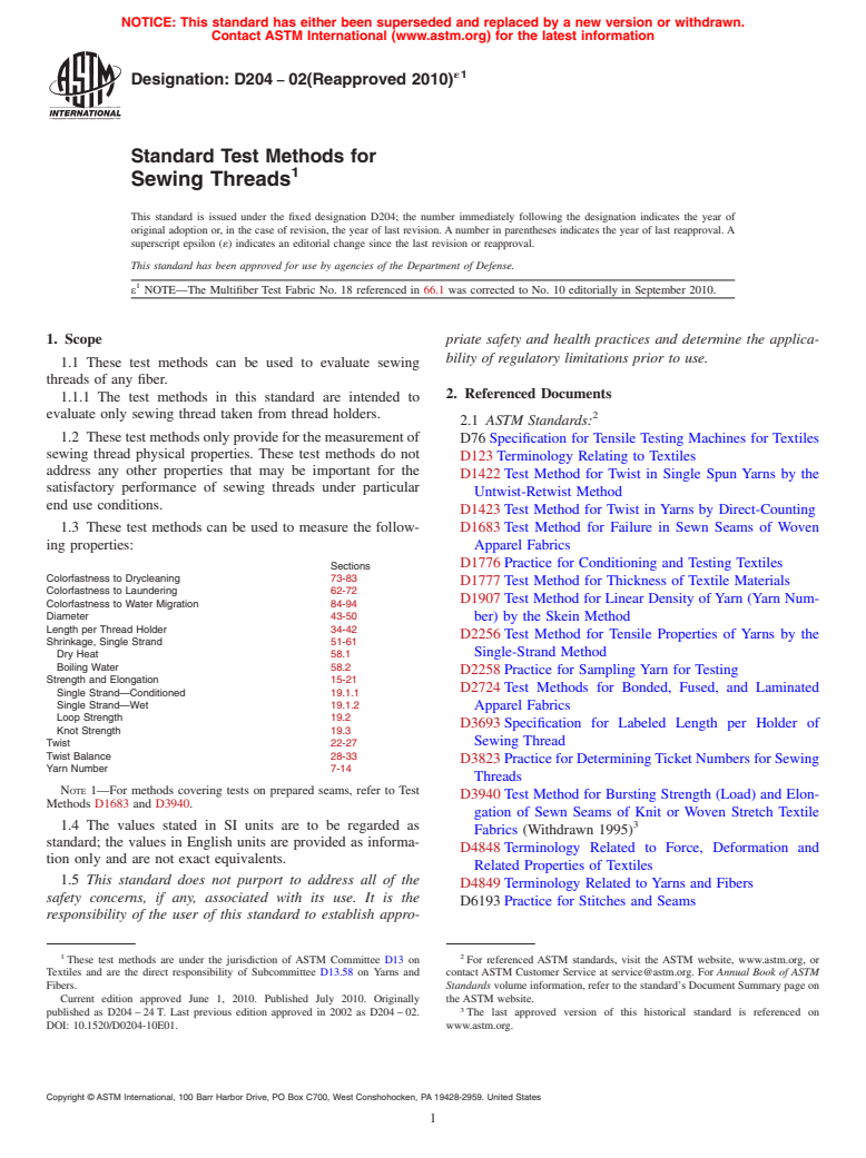 ASTM D204-02(2010)e1 - Standard Test Methods for Sewing Threads