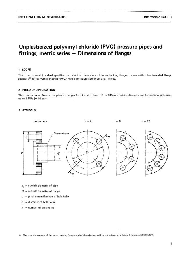 ISO 2536:1974 - Unplasticized polyvinyl chloride (PVC) pressure pipes and fittings, metric series -- Dimensions of flanges