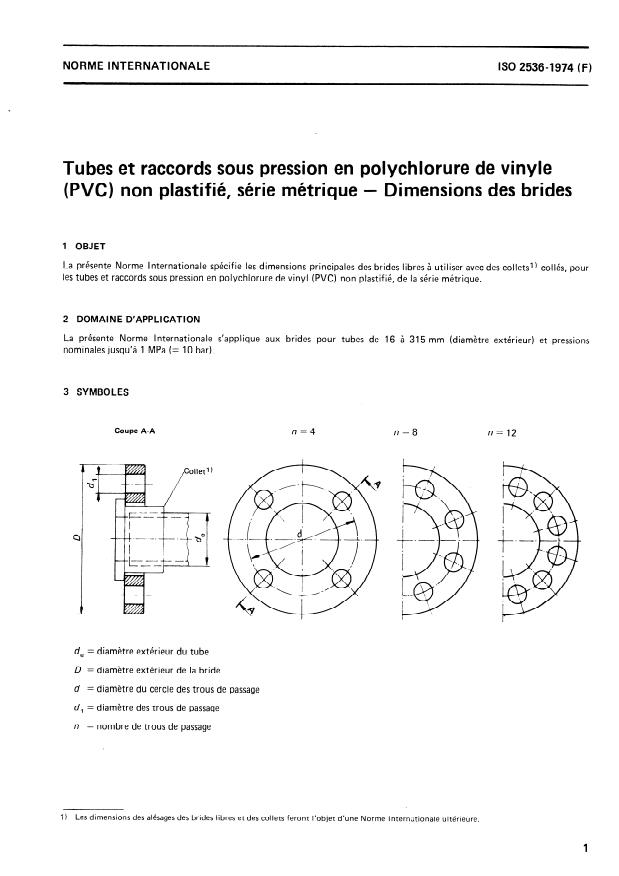 ISO 2536:1974 - Tubes et raccords sous pression en polychlorure de vinyle (PVC) non plastifié, série métrique -- Dimensions des brides