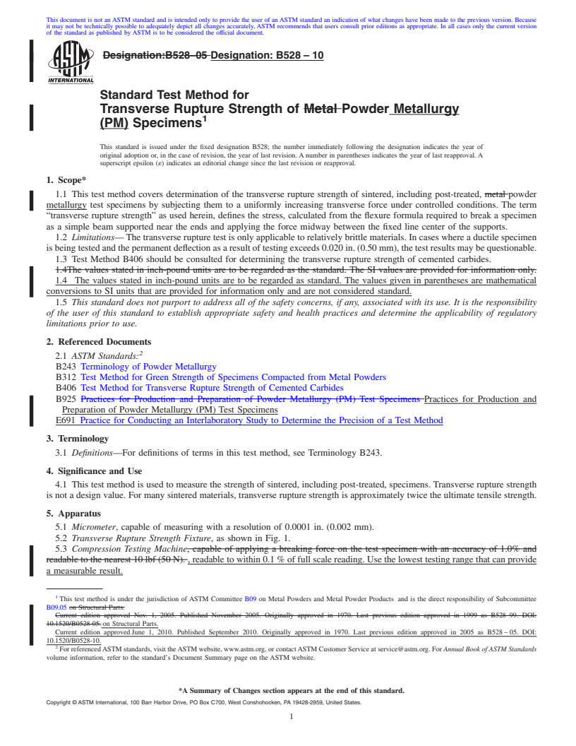 REDLINE ASTM B528-10 - Standard Test Method for Transverse Rupture Strength of Metal Powder Specimens