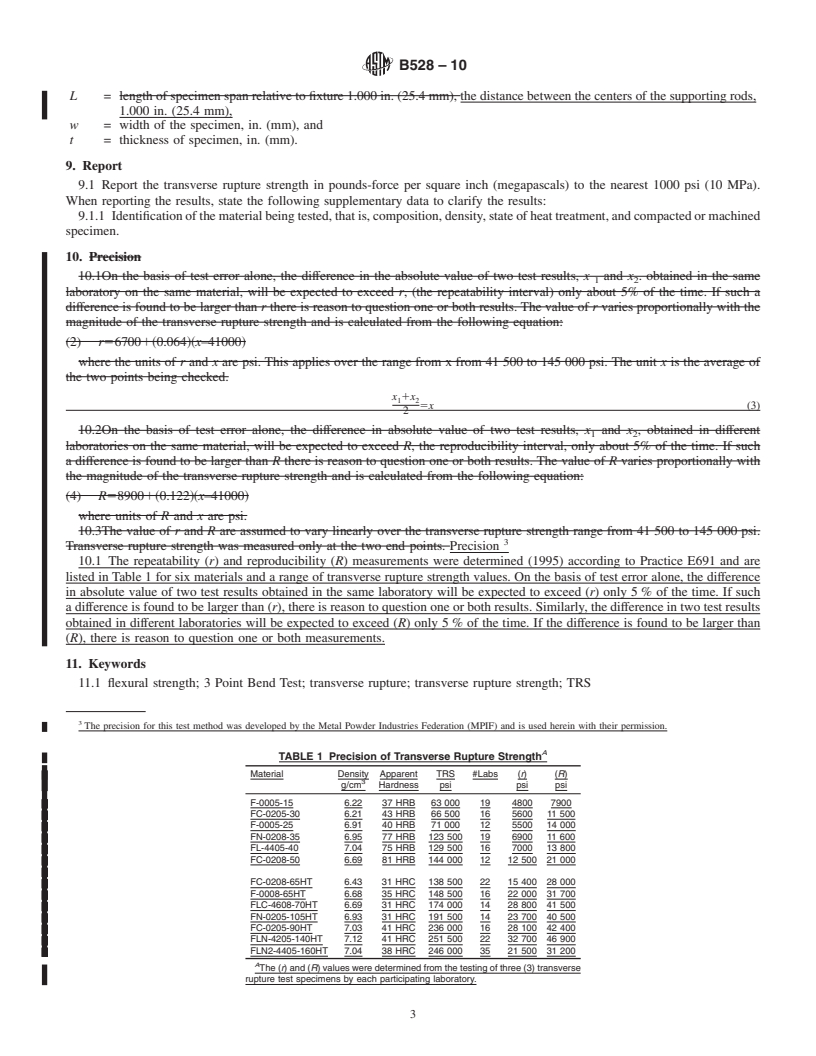 REDLINE ASTM B528-10 - Standard Test Method for Transverse Rupture Strength of Metal Powder Specimens