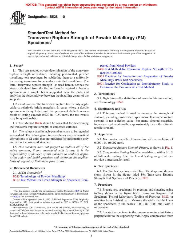 ASTM B528-10 - Standard Test Method for Transverse Rupture Strength of Metal Powder Specimens