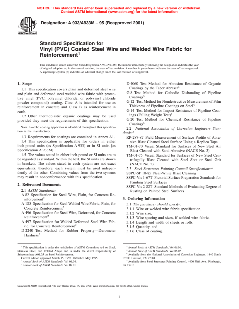 ASTM A933/A933M-95(2001) - Standard Specification for Vinyl (PVC) Coated Steel Wire and Welded Wire Fabric for Reinforcement